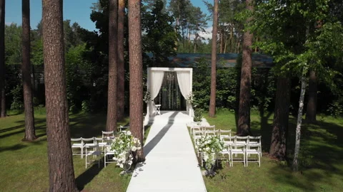 Wedding arch drone view - low, tracking, drone shot in 4K resolution Stock Footage 170567243