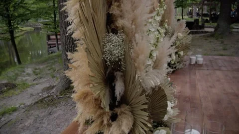 Wedding arch made of pampas grass on a green natural background. Stock Footage 256656486