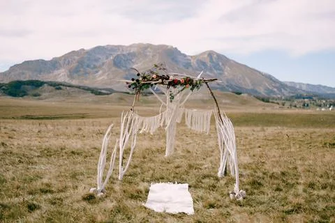 Wedding arch made of tree branches, flowers and threads stands in a field Stock Photos