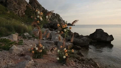 Wedding arch of roses in boho style. Boho eco wedding. Stock Footage 156576699
