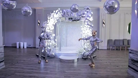 Wedding arch at the wedding ceremony in silver tones with mimes in silver Stock Footage 192913685