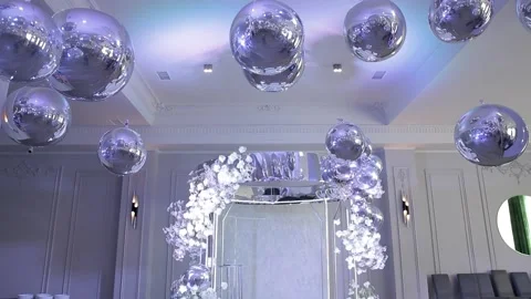 Wedding arch at the wedding ceremony in silver tones and with silver balls on Stock Footage 193018085