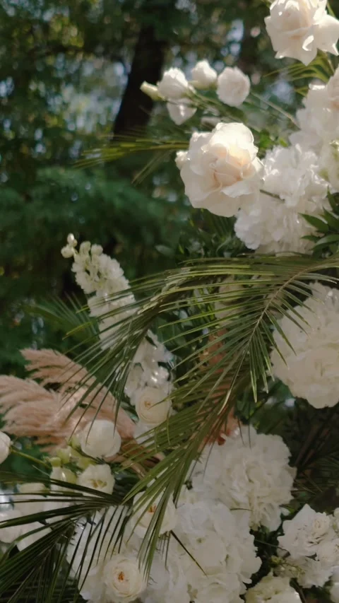 Wedding arch of white rose flowers the wedding ceremony of the bride and groom Stock Footage 282912962
