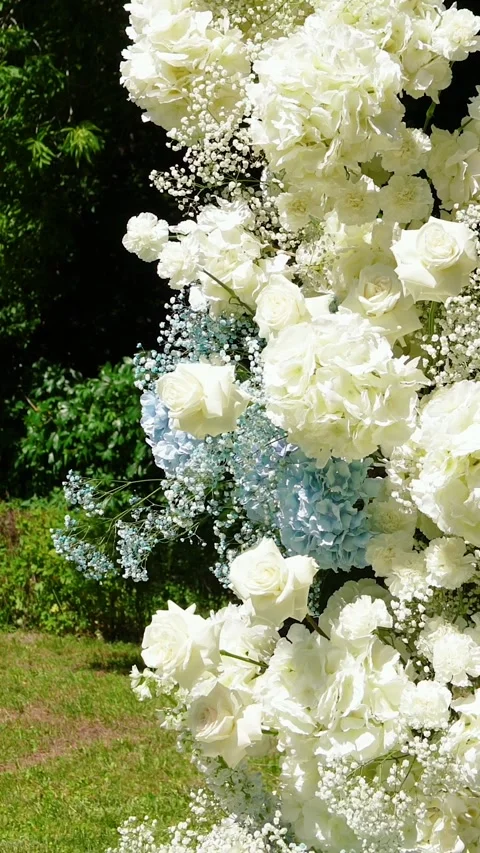 Wedding arch of white rose flowers on the river bank before the wedding ceremony 库存影片 338051210