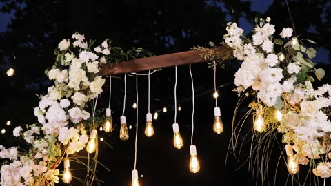 Wedding arch in the woods with light bulbs. Beautiful wedding rustic in the Video stock 196005947