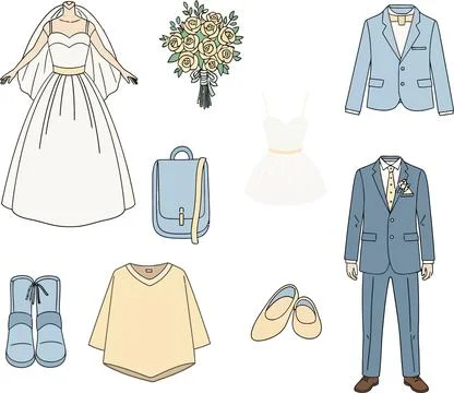 Wedding Attire Flat Lay: Bride Dress, Groom Suit, Flowers, Accessories Stock Illustration