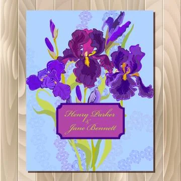 Wedding background card with purple iris flower background. Vector illustration Stock Illustration