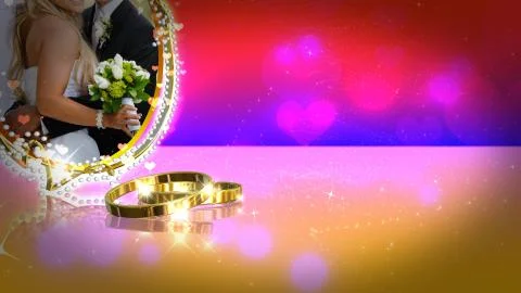 Wedding background witn wedding rings on mirror surface Illustrazione stock