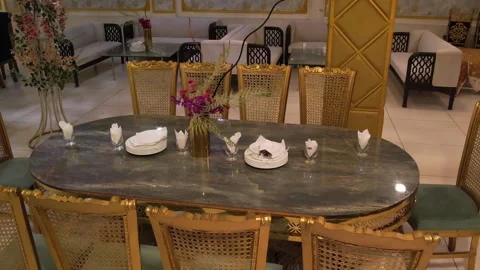Wedding banquet hall dining tables setup aerial drone 4K empty venue chairs Stock Footage 337323983