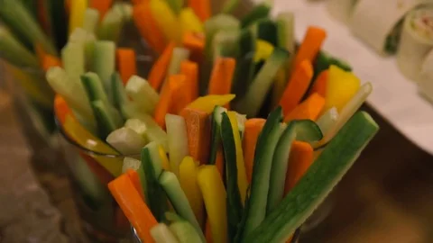 Wedding banquet, table with snacks, meat sliced ​​vegetables, greens 스톡 동영상 85370688