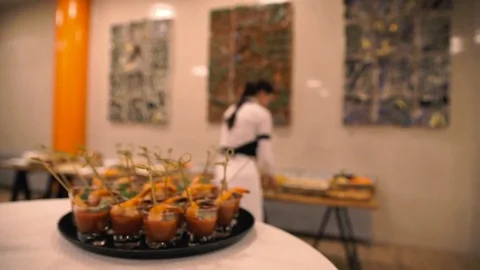 Wedding banquet, table with snacks, meat sliced ​​vegetables, greens 스톡 동영상 85370716