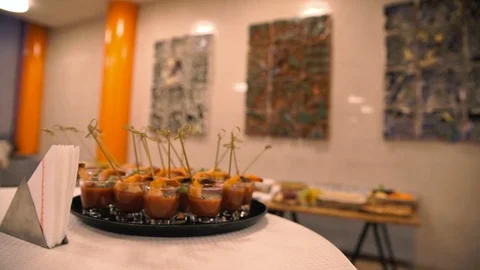 Wedding banquet, table with snacks, meat sliced ​​vegetables, greens 스톡 동영상 85370719