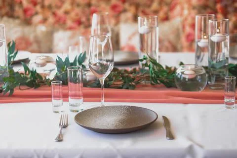 Wedding boho table setting and decor. Festive dinner. Stock Photos