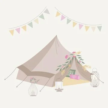 Wedding boho tent vector illustration. Bogemian tipi with flowers at summer Stock Illustration