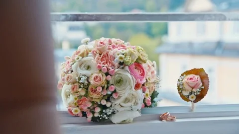 Wedding bouquet lies on the window Stock Footage 75167208