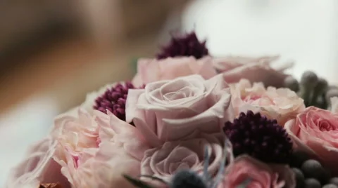 Wedding bouquet of pink and purple roses close up Stock Footage