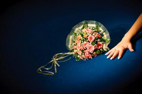 Wedding bouquet on the pool table Stock Photos