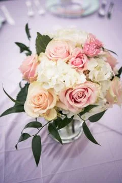 Wedding bouquet on reception table Stock Photos