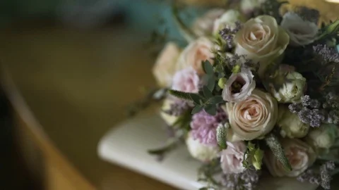 Wedding bouquet on table Stock Footage