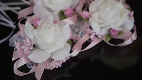 Wedding bouquets bridesmaids are on the table Stock Footage 80061592