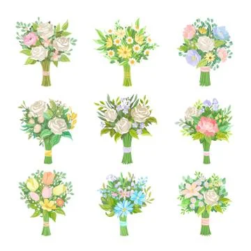 Wedding Bouquets Vector Illustrated Set. Magnificent Flower Bunch Ilustração Stock