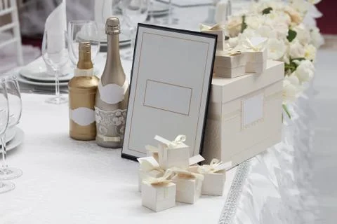 Wedding boxs and champagne Stock Photos