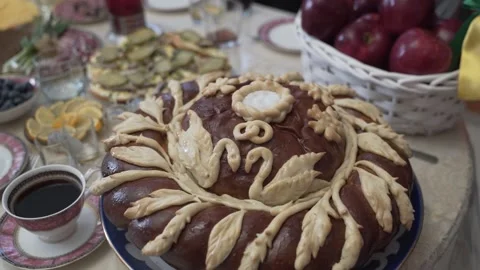 Wedding bread - loaf (cake) on a rich table. Stock Footage 170395670