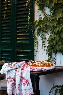Wedding bread from wheat flour dough on the table Stock Photos