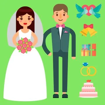 Wedding bride and groom vector couple invitation celebration set flat Stock Illustration