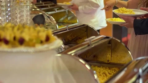 Wedding, buffet, guests take food. Video stock 197864908