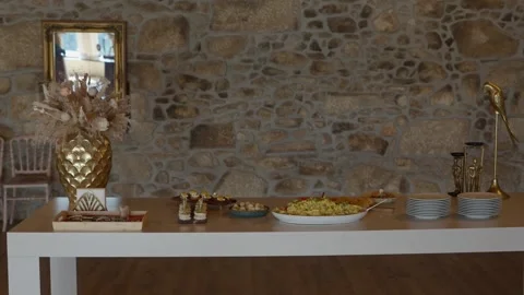 Wedding Buffet Table With Canapes and Pasta Salad Against Stone Wall Stockbeeldmateriaal 348192736
