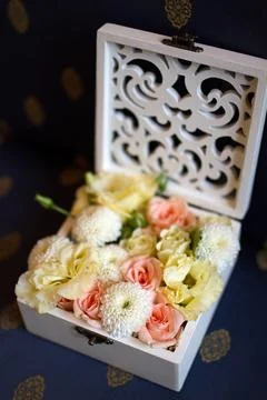 Wedding bunch of flowers in a box Stock Photos