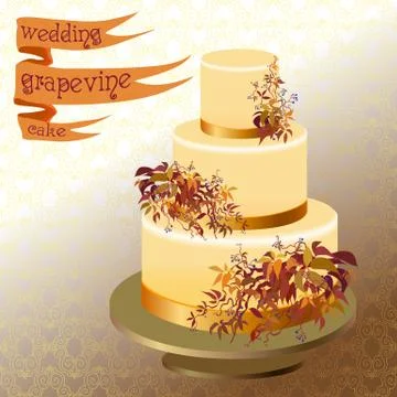 Wedding cake with autumn wild grape. Golden design. Stock Illustration