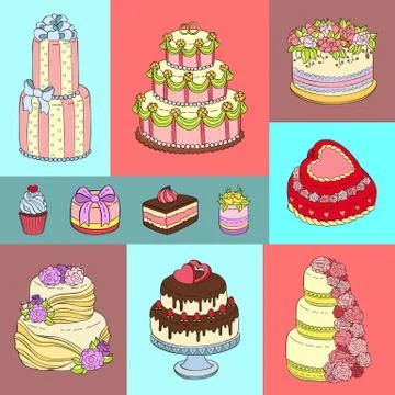 Wedding cake banner vector illustration. Chocolate and fruity desserts for sweet 스톡 일러스트