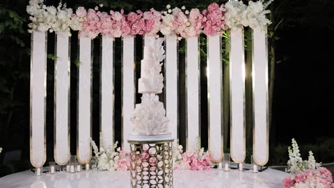 The wedding cake. A beautiful tasty cake at the wedding ceremony. Catering Stock Footage 196005593