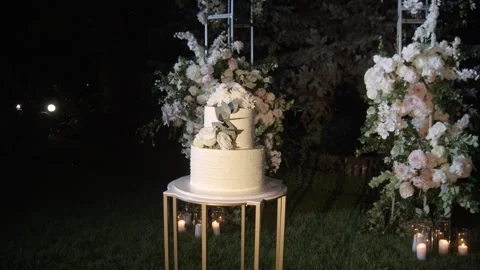 Wedding cake in the ceremonial zone close-up. Stock Footage 236058044