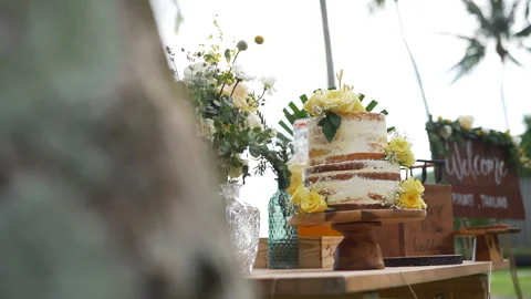 Wedding cake concept retro classic wood honey sweets. Stock Footage 156333413