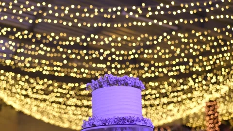 Wedding cake with cupcakes in the rays of blue spotlights. Delicious cake bar at Stock Footage 243563914
