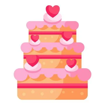 Wedding cake icon with tiered layers, pink frosting, and multiple hearts, love Ilustração Stock