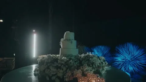 Wedding cake at night with dramatic lighting and fireworks backdrop Stock Footage 327691007