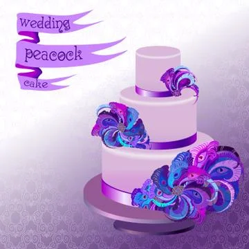 Wedding cake with peacock feathers. Violet purple design. Stock Illustration