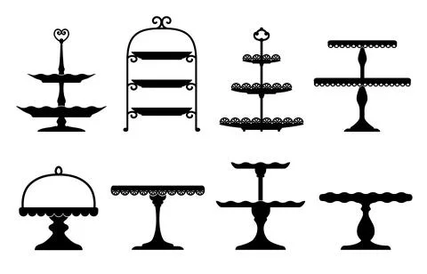 Wedding cake platter, stand tray silhouettes set Stock Illustration
