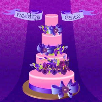 Wedding cake with purple iris flower design. Vector illustration. Stock Illustration