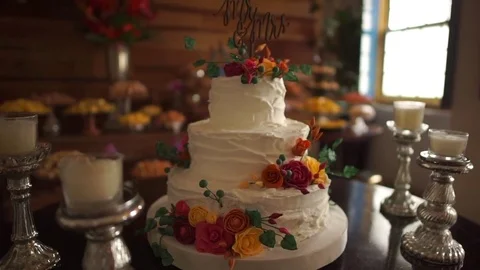 Wedding Cake in Reception table Stock Footage 73279483