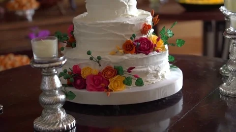 Wedding Cake in Reception table Stock Footage 73279656