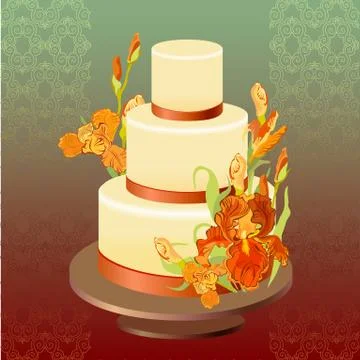 Wedding cake with red iris flower design. Vector illustration. Stock Illustration