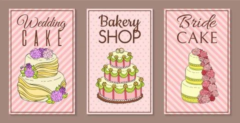 Wedding cake set of banners vector illustration. Chocolate and fruity desserts Illustrazione stock