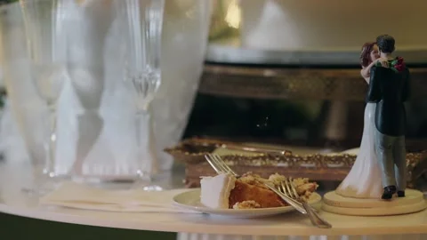 Wedding cake slice and figurine close up Stock Footage 308500168