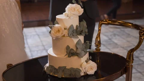 The wedding cake stands in front of the bride and groom Stock Footage 247874542