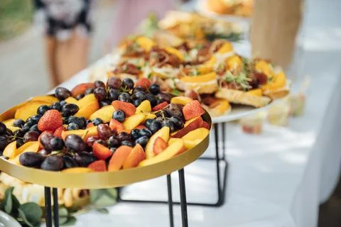 Wedding cake table background. Sweet and delicious restaurant desserts. Tasty Stock Photos
